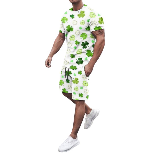 Wyzesi Sweat Pantsuit Men Plus St Patrick's Day Men's T Shirt Set 2 Printed Button Down Shirts and Shorts Style 2 Shorts Suit Men with Pockets Running Shorts Suit Men with Liner