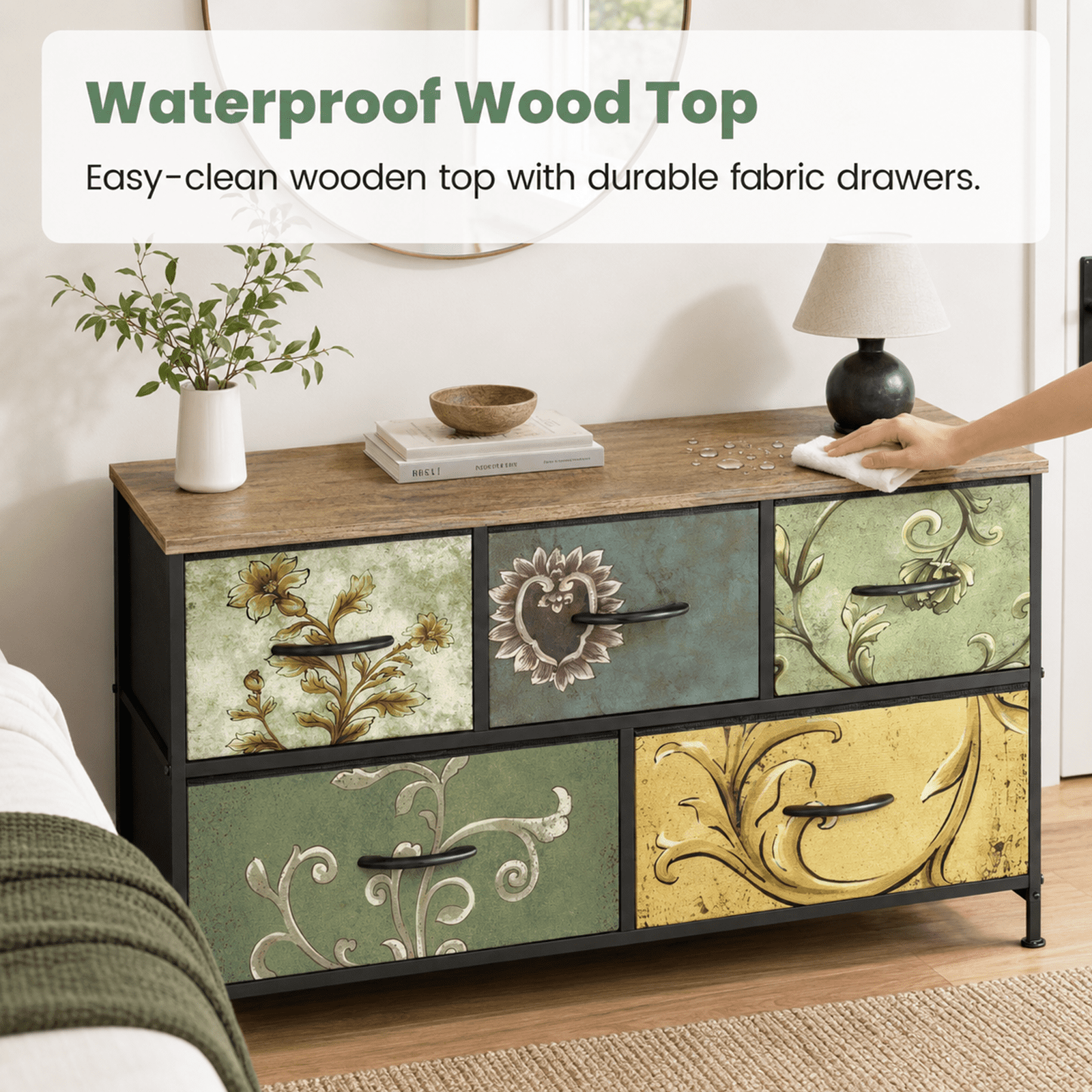 Alvantor 4/5/7/8/9-Drawer Dresser, Fabric Storage Tower for Bedroom, Hallway, Entryway, Closet, Tall Chest Organizer Unit with Fabric Bins, Steel Frame, Wood Top, Easy Pull Handle, Floral Painted