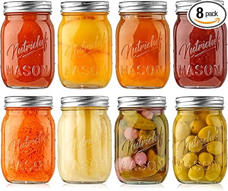 NutriChef Mason Jar Set – 8 Stück, 16oz Einmachgläser Mit Luftdichten Deckeln – Ideal Für Meal Prep, Marmelade, Gewürze Und DIY-Geschenke