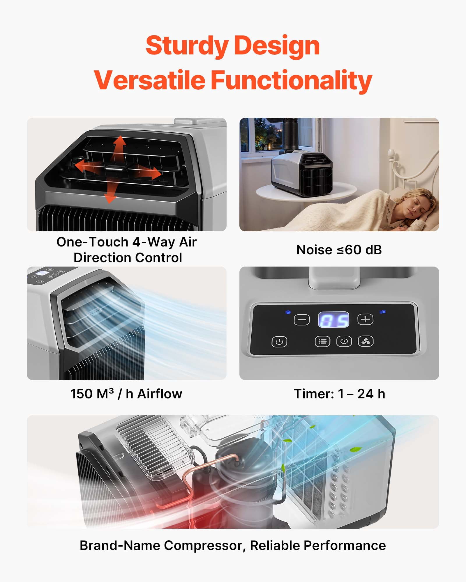 VEVOR Portable Camping Air Conditioner 3050 BTU, Tent AC Unit with Hose, Remote & Touch Control, 61–90°F Adjustable, 150 m³/h High Airflow, Low Noise, Ideal for Tent. RV, Outdoor Cooling, Dark Grey