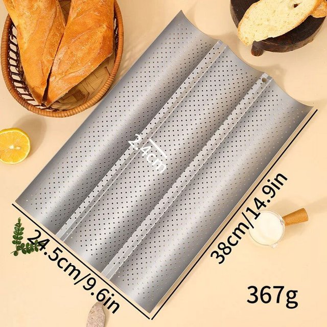 Molde perforado antiadherente para hornear pan francés, molde de acero al carbono para baguette, molde para hornear pan francés de 4 ondas, bandeja de cocina plateada 3