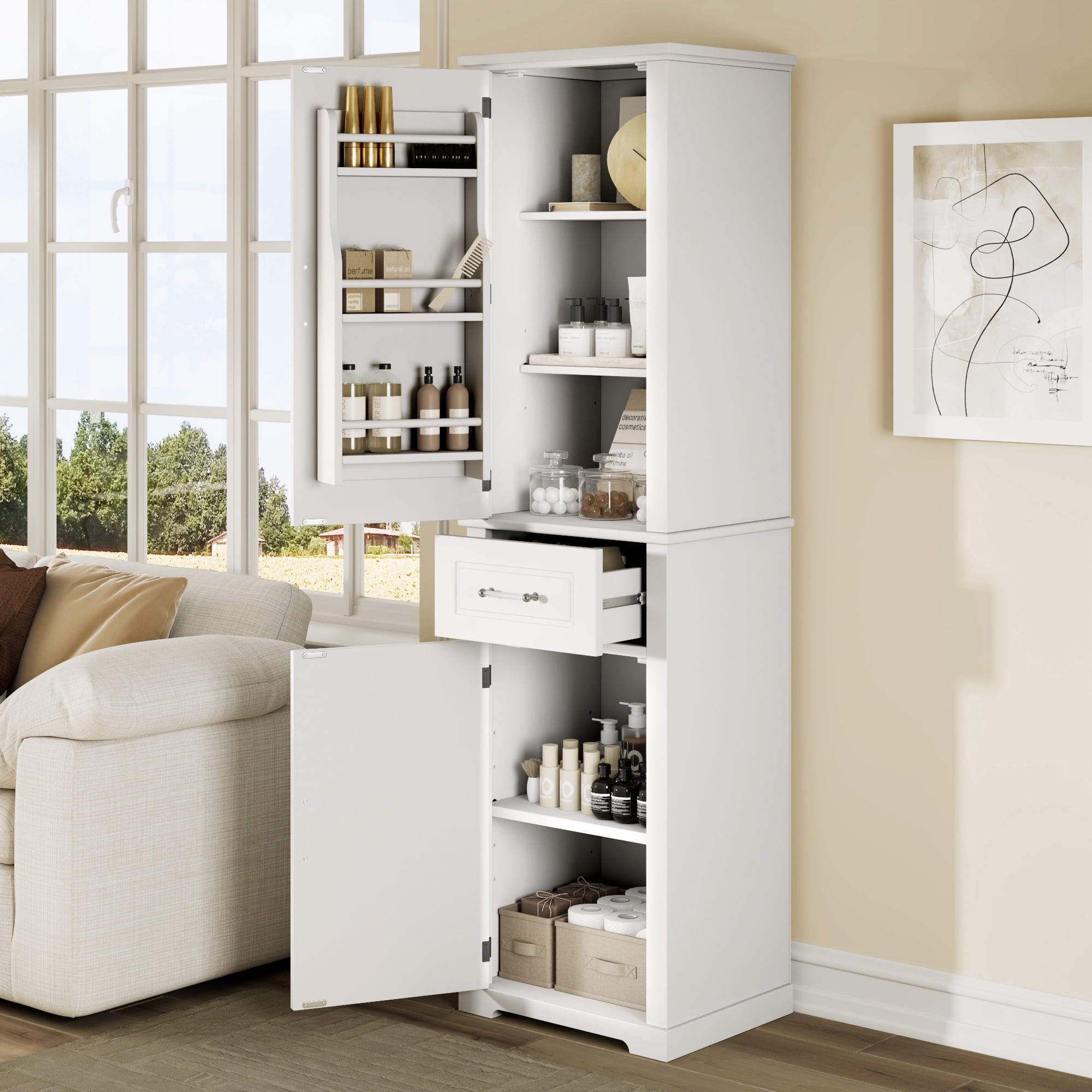 Euroco Tall Bathroom Storage Cabinet, Freestanding Storage Cabinet with Two Different Size Doors and Adjustable Shelf, Door Shelve Design, MDF Board with Painted Finish, White