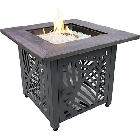 Lindsey 30 Inch Square Outdoor UV Printed 50,000 BTU LP Gas Fire Pit Patio Table with Faux Wood Mantel and Stamped Steel Base