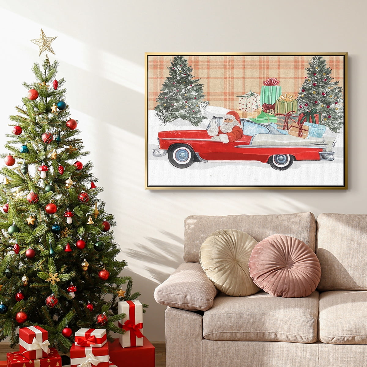 Santa on Wheels II - Framed Gallery Wrapped Holiday Canvas - 17 x 25 - Gold Frame