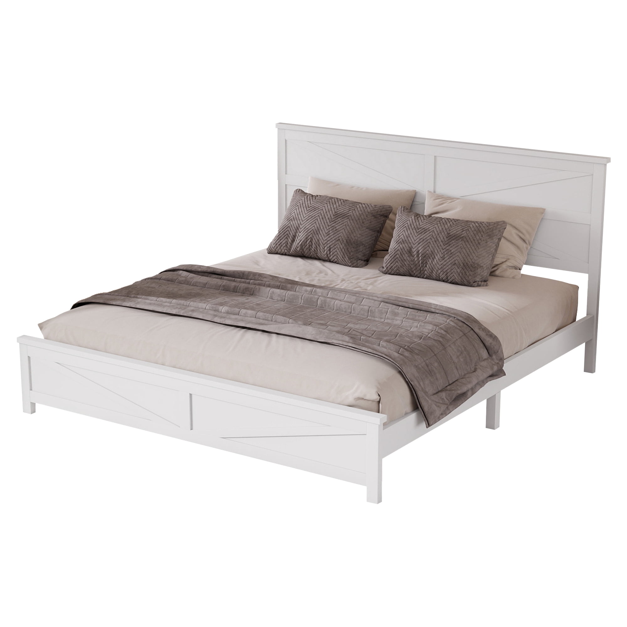 Mintazer Farmhouse King Size Platform Bed with Under-Bed Storage, Platform Bed Frame with Headboard & Footboard for Bedroom, White