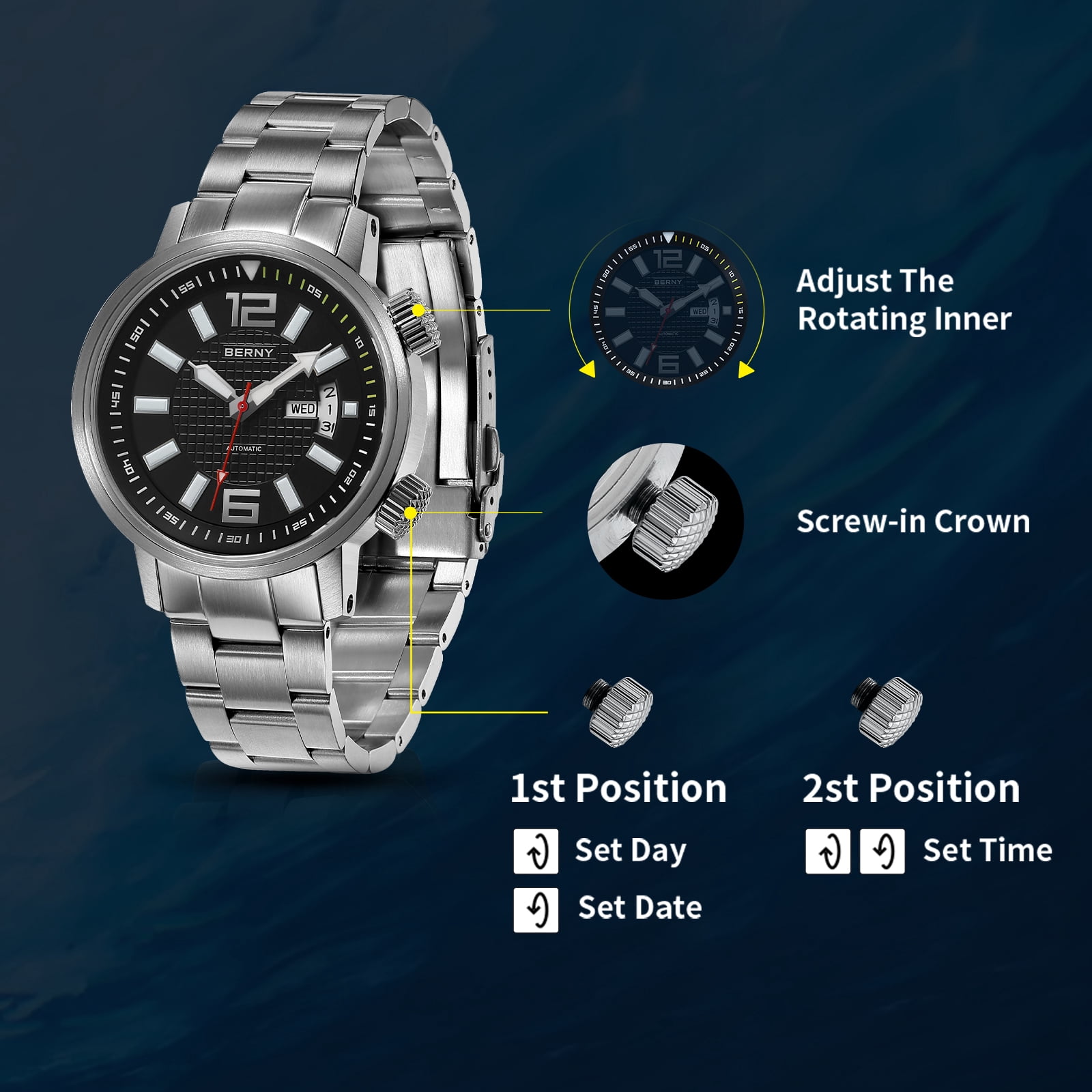 BERNY Automatic Dive Watches for Men, Sport 200M Waterproof Analog Mechanical Watch with Day & Date Calendar, Super Luminous, Stainless Steel, Sapphire Crystal, Fashion Men's Pro Diver Watch (Black)