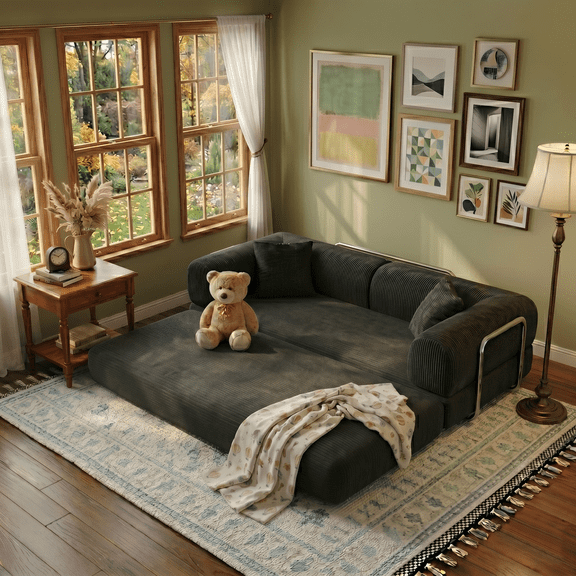 CKEASEAN 4-in-1 Corduroy Convertible Sleeper Sofa Bed, 78.8" Boneless Couch with Pull-Out Bed, No Assembly Required, Fixed-Shape Frame, Floor Sofa Modular Futon Couch for Living Room/Apartment