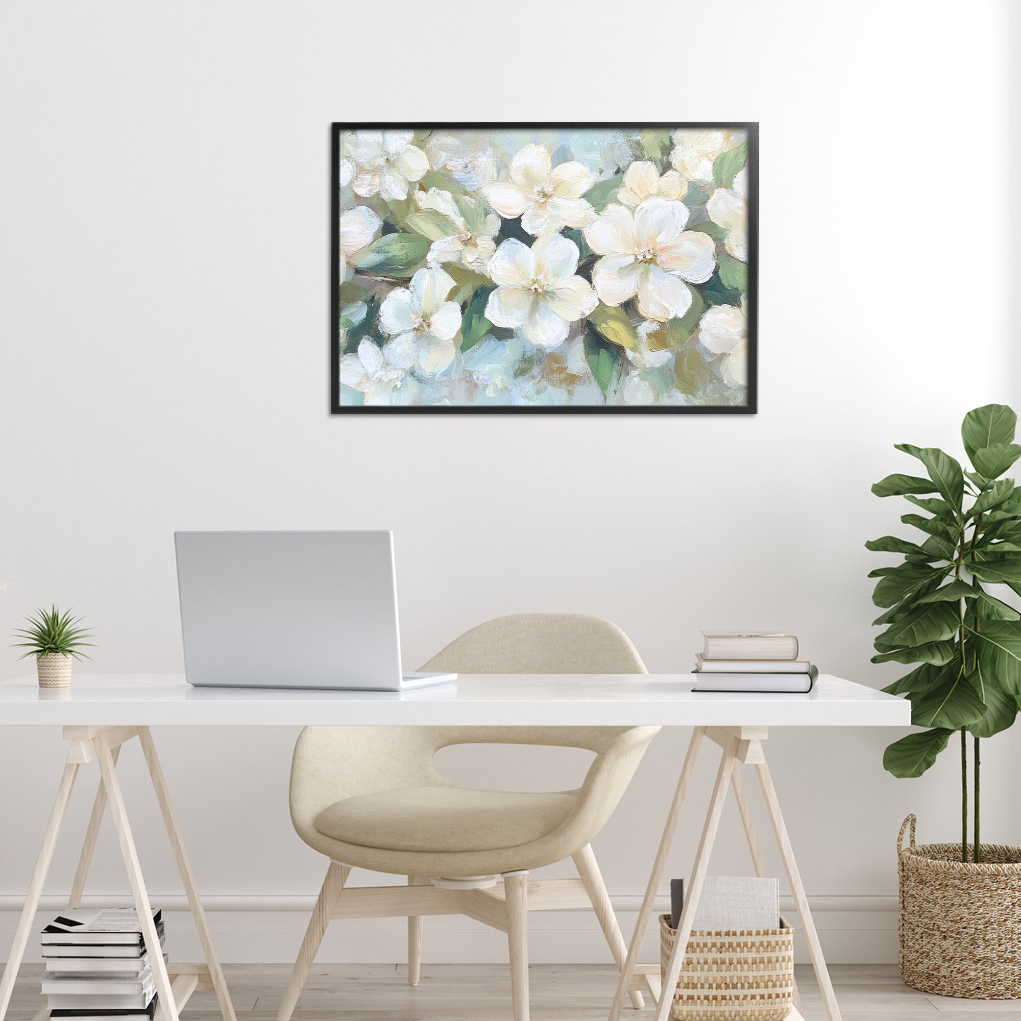 Stupell Industries Painted White Flowers in Leaves Black Framed Giclee Art, design by Petal Prints Design