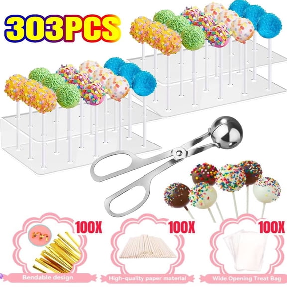 303 Piece Cake Pop Maker Kit: 2PCS 15-Hole Cake Pop Display Stand with 300 PCS Cake Pop Sticks and Wrappers Kit & Mold