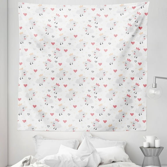 Cartoon Tapestry, Pastel Funny Animals with Hearts Valentines Day Beauty Love Theme, Fabric Wall Hanging Decor for Bedroom Living Room Dorm, 5 Sizes, Peach Pink and Pale Pink, by Ambesonne
