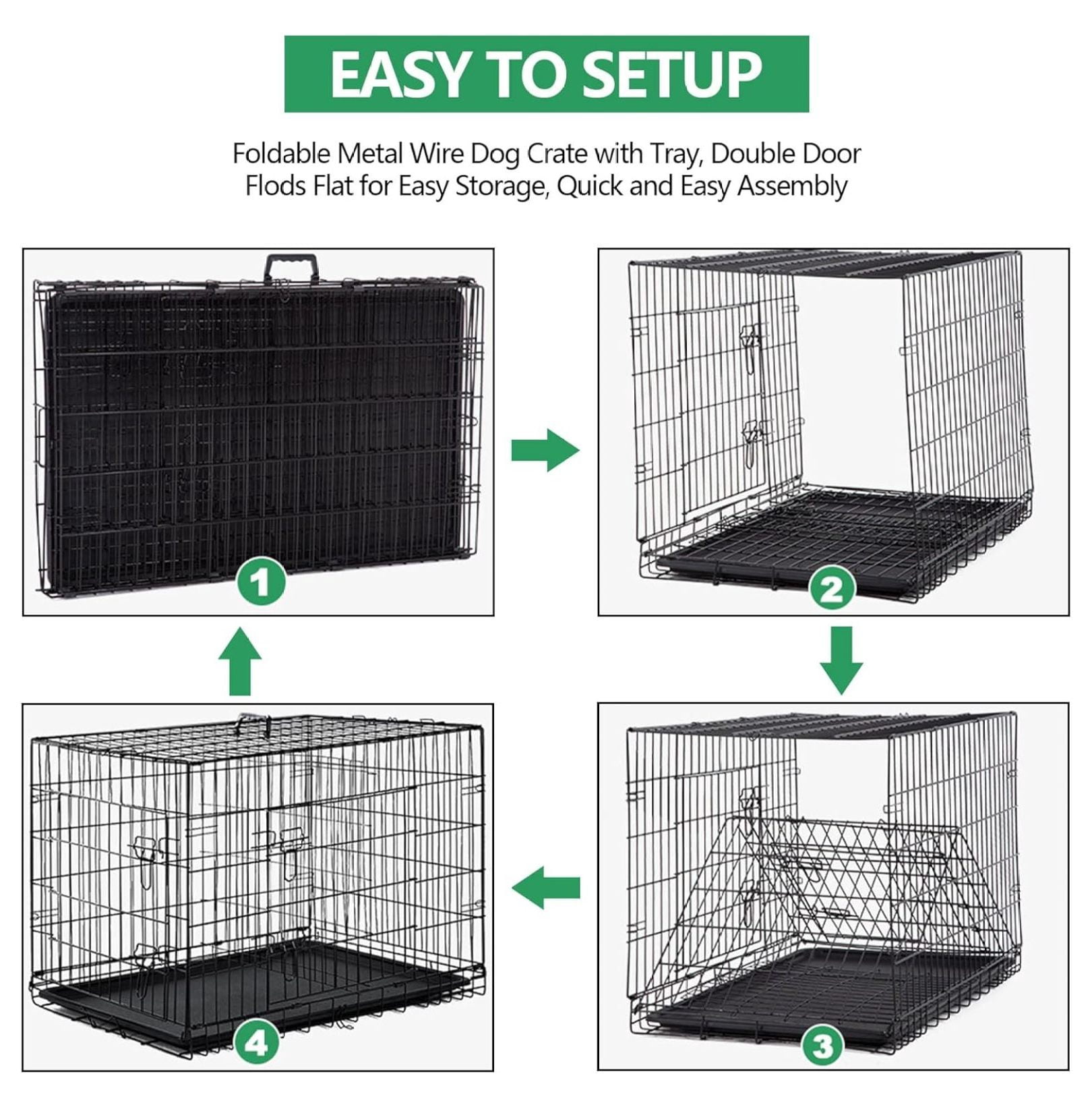 24'' Foldable Metal Wire Dog Crate Double Door, Folding Portable Dog Cage Double Lock, Collapsible Small Dog Crate w/Leak-Proof Pan/Divider/Handle, Puppy Crate Dog Kennel for Small Dogs Indoor