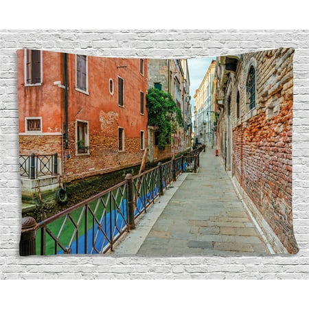 Venice Tapestry, Empty Idyllic Streets of Venezia Travel Destination Romantic Vacation Old Buildings, Wall Hanging for Bedroom Living Room Dorm Decor, 60W X 40L Inches, Multicolor, by