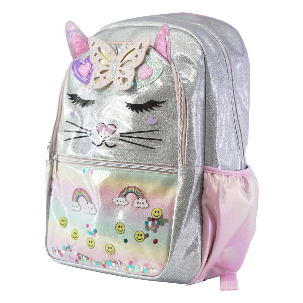 Shiny Glitter Series Fantasy Cat Butterfly Kids Schoolbag Lunch Cooler Bag Set Glitter PVC Material Student Backpack for Girls Walmart