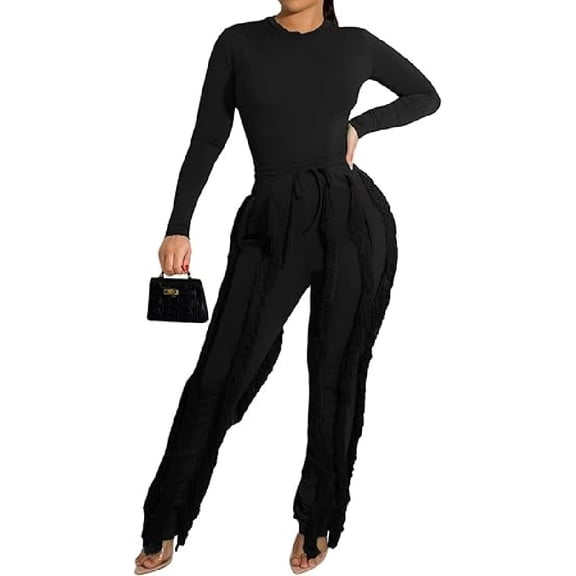 Women's Jumpsuit Two-Piece Set - Set with Casual Long-Sleeve Crewneck Sweatshirt and High-Waist Fringe Pants Tracksuit