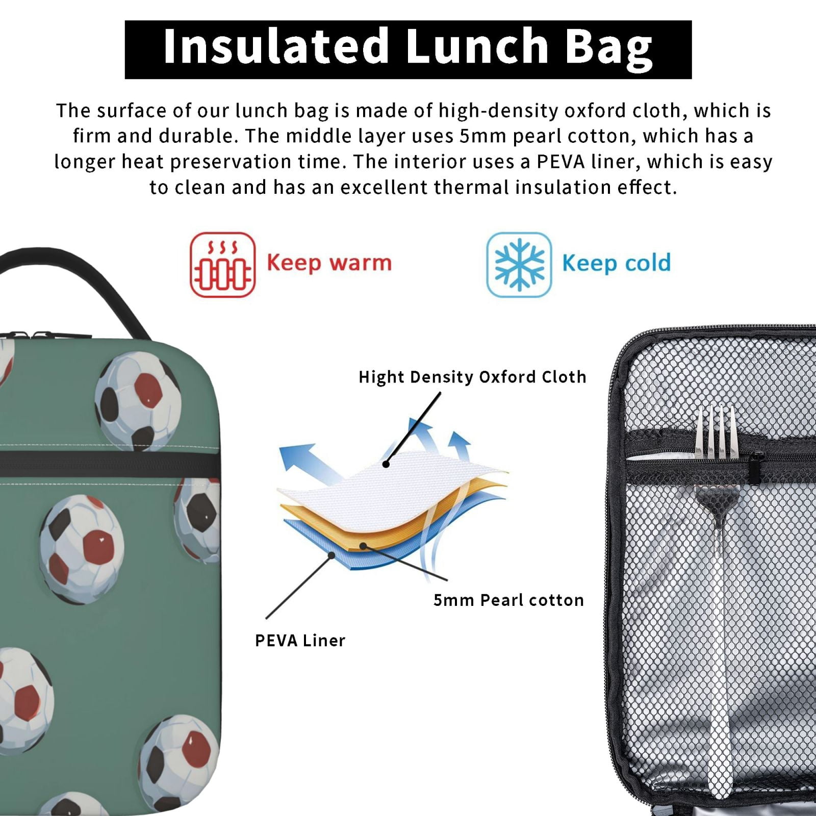 Lunch Bag For Women Men Insulated Portable Lunch Box Bento Box Office Picnic Travel Cooler Bag Soccer Football Cool Sport Style Simple And Trendy