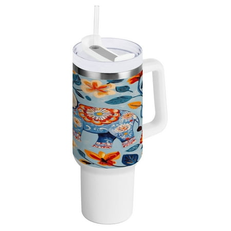 

40 Oz Car Handle Water Bottle 10.8x3.85 Inch Handle And Straw Travel Water Bottle Reusable Stainless Steel Water Bottle Colorful Pretty Elephant
