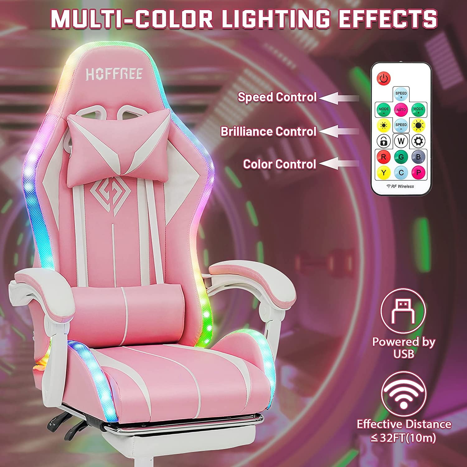 Hoffree Gaming Chair with Bluetooth Speakers and Footrest Massage Office Chair with LED Lights Ergonomic Game Chair High Back with Lumbar Support and Headrest Adjustable Swivel for Adults 300lb