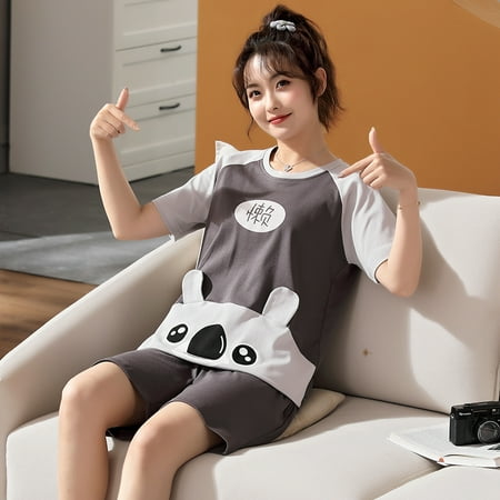 

Homeex Summer New Style Cotton Short-Sleeved Thin Couple Pajamas Lazy bear girl M