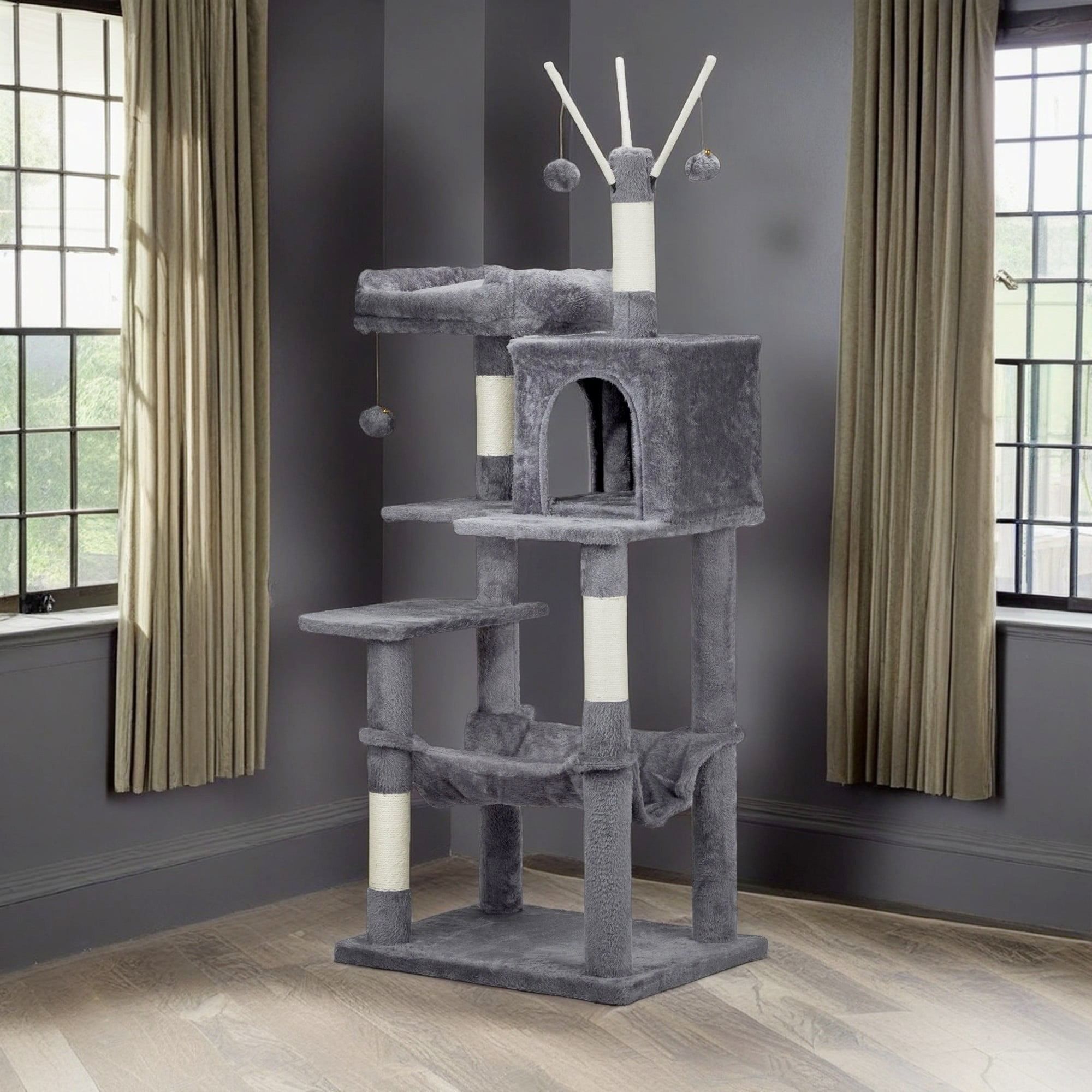 Kadyn 58" Cat Tree Tower for Indoor Cats, Cat House with Padded Platform Bed, Toy Balls, Large Cozy Condo, Hammocks and Sisal Scratching Posts, Dark Gray