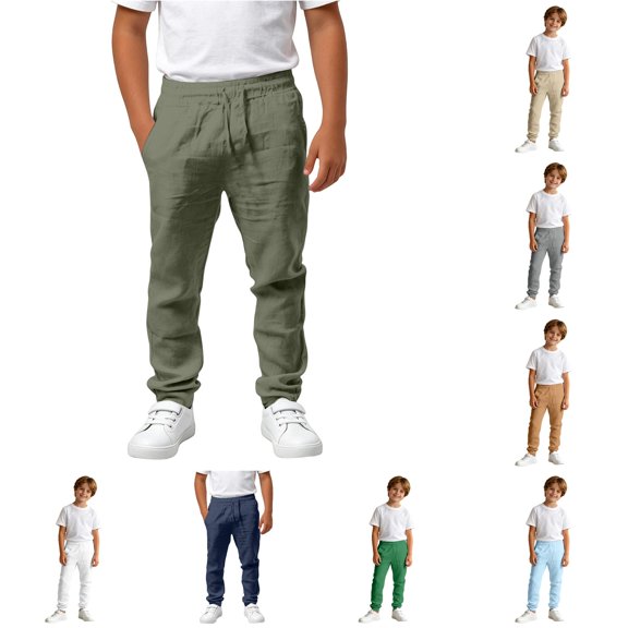 Oiyii Toddler Boy's Elastic Waist Pants Solid Linen Straight Leg Casual Trousers Everyday Wear Bottoms,Army Green
