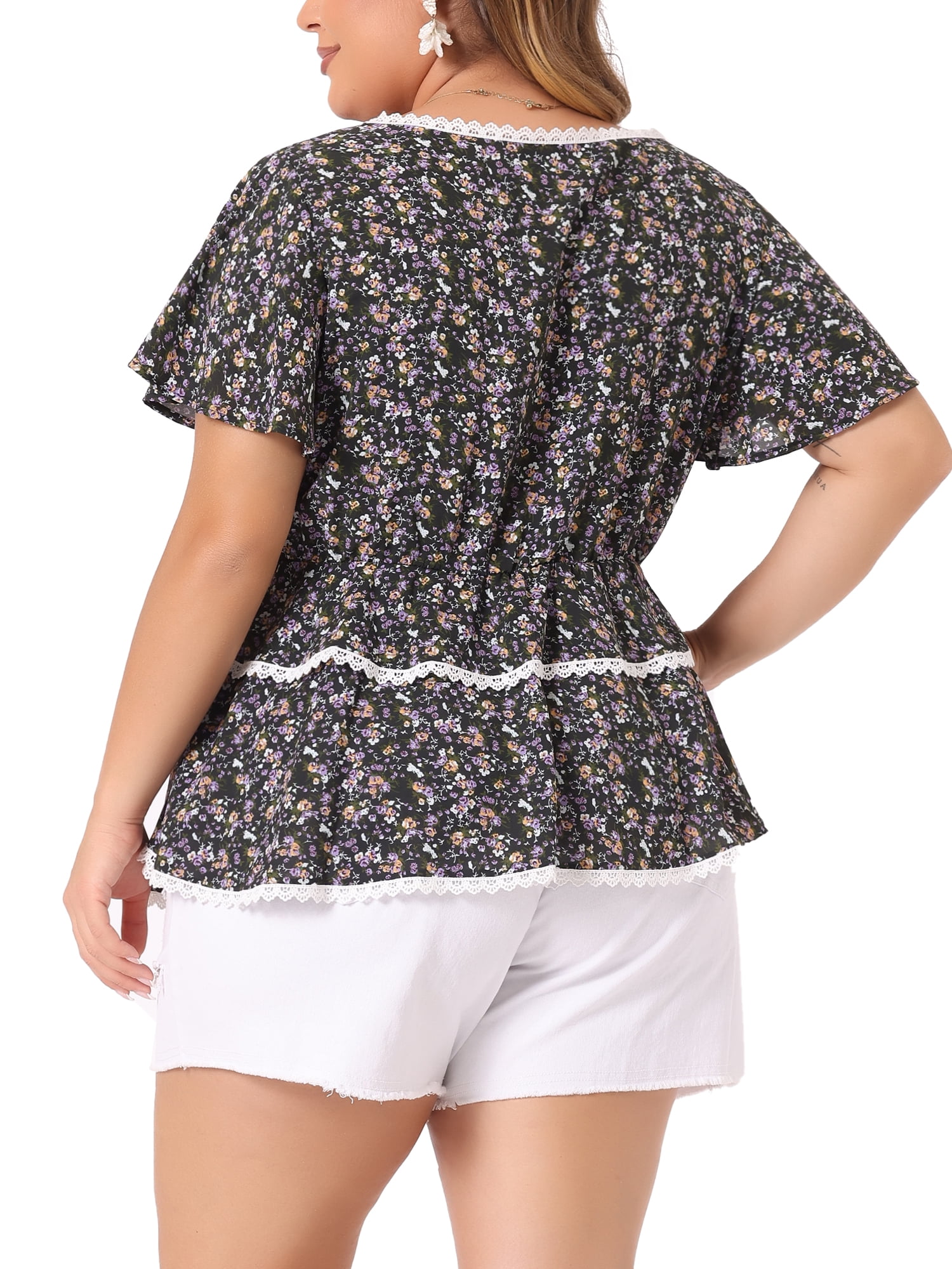 DARING DIVA Women's Plus Tiered Floral Babydoll Blouse with Short Sleeves 2X Black