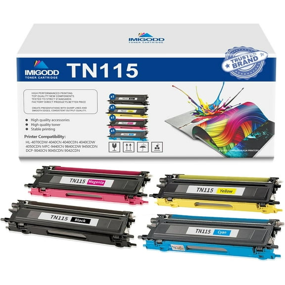 4-Pack TN115 BK/C/M/Y Toner Cartridge Replacement for Brother High Capacity with HL-4070CDW 4040CN 4040CDN 4040CDW 4050CDN MFC-9440CN 9840CDW 9450CDN DCP-9040CN 9045CDN 9042CDN Printer