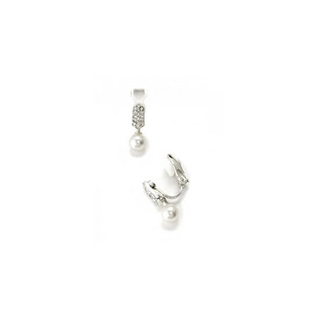 - Silver Crystal Pave Rhinestones Clip Earrings Tipped with Dangle White Pearl