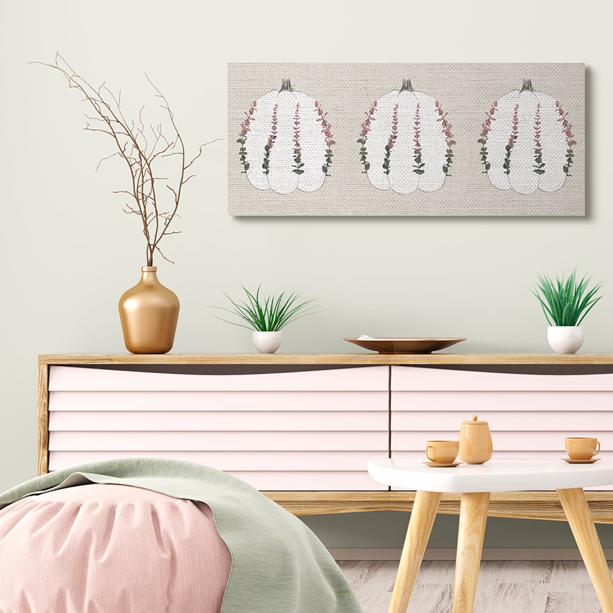 Stupell Industries Harvest Pumpkin Trio Eucalyptus over Beige Canvas Wall Art, 17 x 40, Design by Daphne Polselli