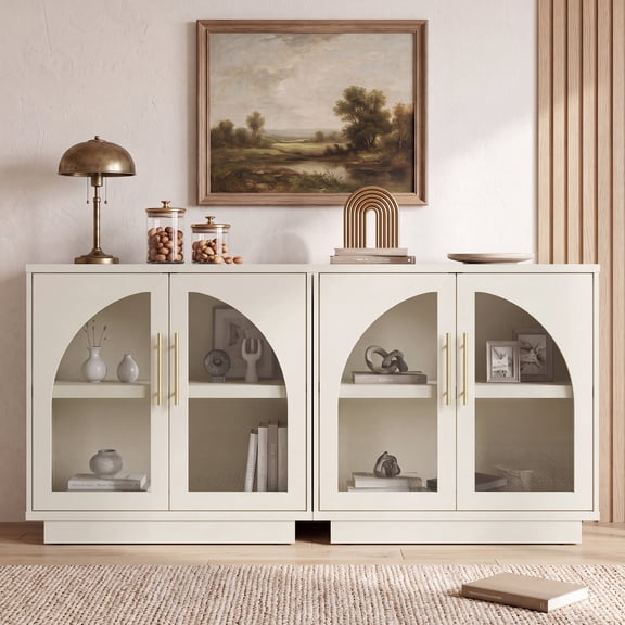 Hotmeily Modular Arched Glass Sideboard Buffet Cabinet – 31.5 Inch Display Credenza with Adjustable Shelf, 2-Pieces Coffee Station Storage for Kitchen, Living Room, Bedroom,Beige(Not White)
