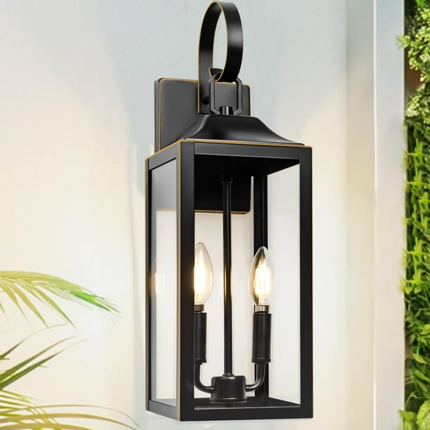 Lámpara de pared exterior Yolsunes de 19 pulgadas con borde dorado negro, 2 luces