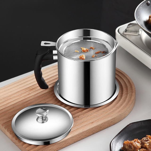 Recipiente para grasa de tocino, con colador de malla fina, olla pequeña para aceite, colador, de aceite de cocina, olla de material acero inoxidable Plata BLESIY puede colador colador