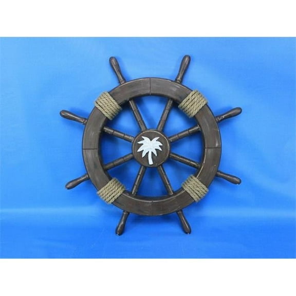 Handcrafted Decor Rustic-Wood-SW-Palm-Tree-18 Rustic Wood Finish Decorative Ship Wheel with Palm Tree- 18 in.