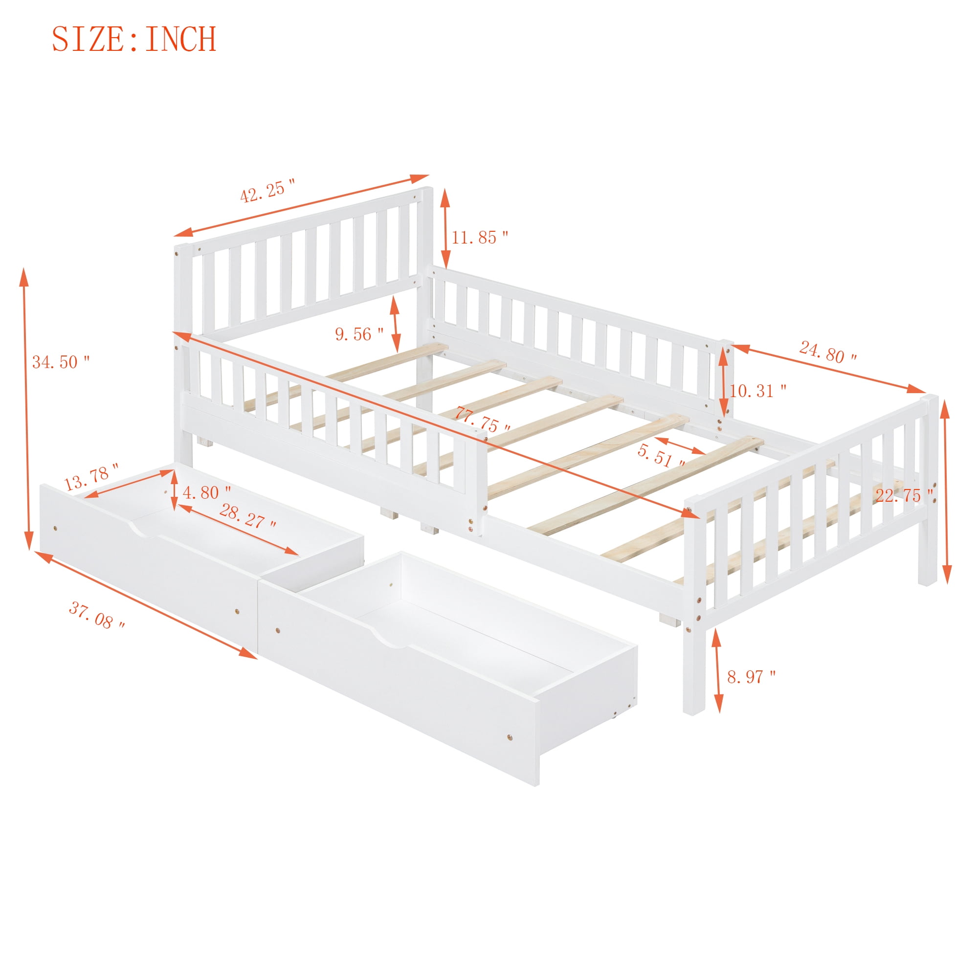 Aukfa Twin Platform Bed with Storage Drawers and Safe Rails, Wood Bed Frame, White