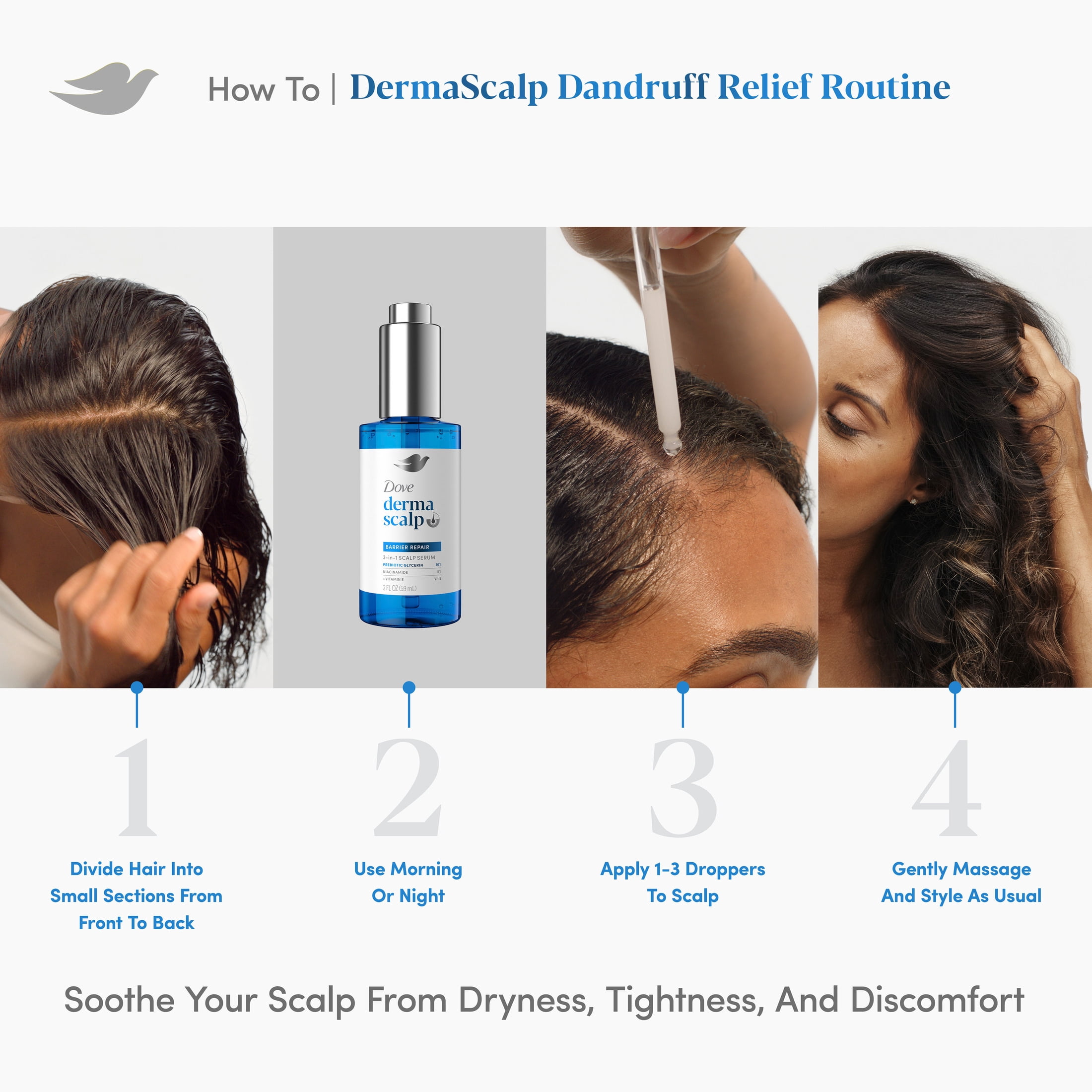 Dove Derma Scalp Dandruff Relief 3-in-1 Barrier Repair Serum with Prebiotic Glycerin, Niacinamide and Vitamin E for Dandruff-Prone, Flaky, Dry Scalp, 2 fl oz 1 Count