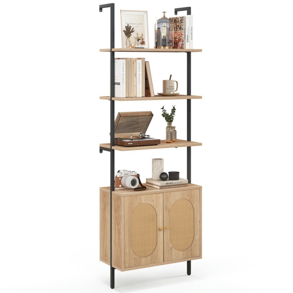 Demi Bonn 6-Tier Wall Mounted Ladder Bookshelf with Rattan Cabinet, 71" Free Standing Bookcase, Beige