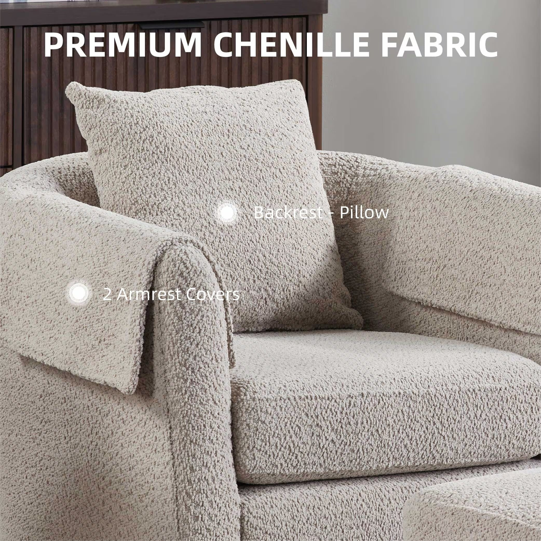 Avobird Living Room Chair With Ottoman Set, Chenille Barrel Armchair with Removable Back Pillow & 2 Armrest Covers, Gray