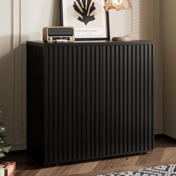Wiilayok 31.5" Fluted Buffet Sideboard Cabinet with Unique Pop-up Doors & Adjustable Shelves, Modern Console Storage for Living Room, Dining Room, Kitchen, Hallway (Black)