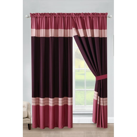 4-Pc Liana Stripe Embroidery Curtain Set Rose Pink Purple Rouge Punch Valance Drape Sheer Liner