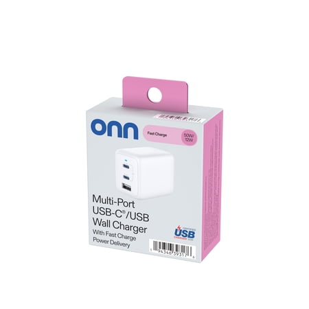 ONN 62W MULTI-PORT WALL CHARGER, FAST CHARGING, USB-C/USB-A, USB-IF CERTIFIED, FOLDABLE PLUG, WHITE