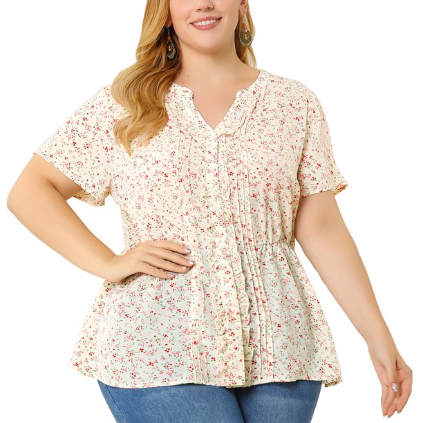 Women's Plus Size Top Ruffle Placket Button Ditsy Floral Peplum Blouse White 1X