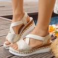 thumbnail image 3 of Rokment Women's Platform Wedge Sandals Beach Stylish Casual Leather Elastic Ankle Strap Espadrilles Chunky Heeled Slingback Dressy Summer Shoes Comfortable Gold Size 8.5, 3 of 4