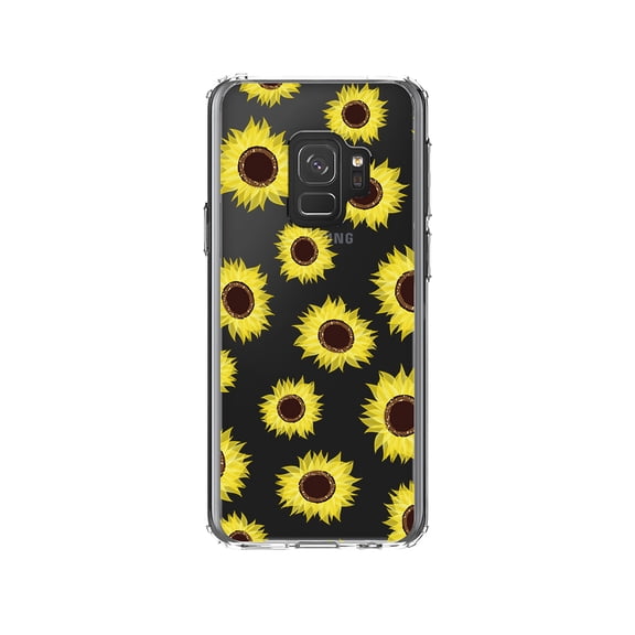 DistinctInk Clear Shockproof Hybrid Case for Samsung Galaxy S9 (5.8" Screen) - TPU Bumper, Acrylic Back, Tempered Glass Screen Protector - Yellow Sunflowers