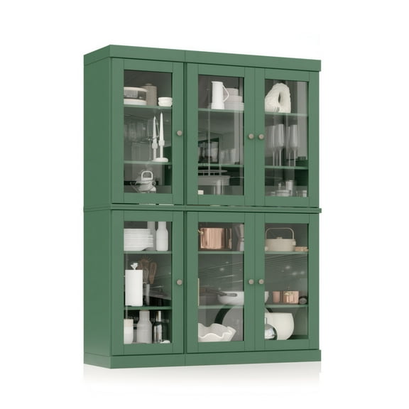 100% Solid Wood 48.5" Pantry China Cabinet with Clear Glass Doors and Adjustable Shelves