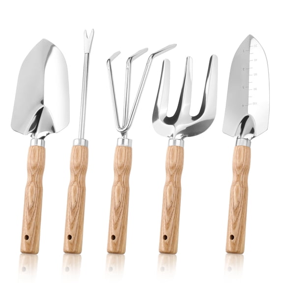 5-Piece Heavy Duty Garden Tools Set, Stainless Steel Garden Shovel kit Includes Puller, Rake, Transplant Trowel, Cultivator, Shovel, Hand Gardening Tools with Wood Handle for Women Men