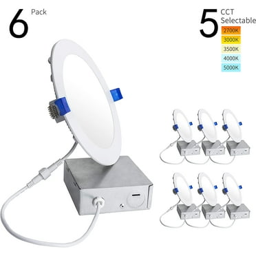 Foxlux Recessed Lighting - 6 inch 12 W LED Recessed Ceiling Light, Ultra-Thin Dimmable Downlight with J-Box, 2700K/3000K/3500K/4000K/5000K 5 Color Temperatures Selectable Canless LED Light (6 Pack)