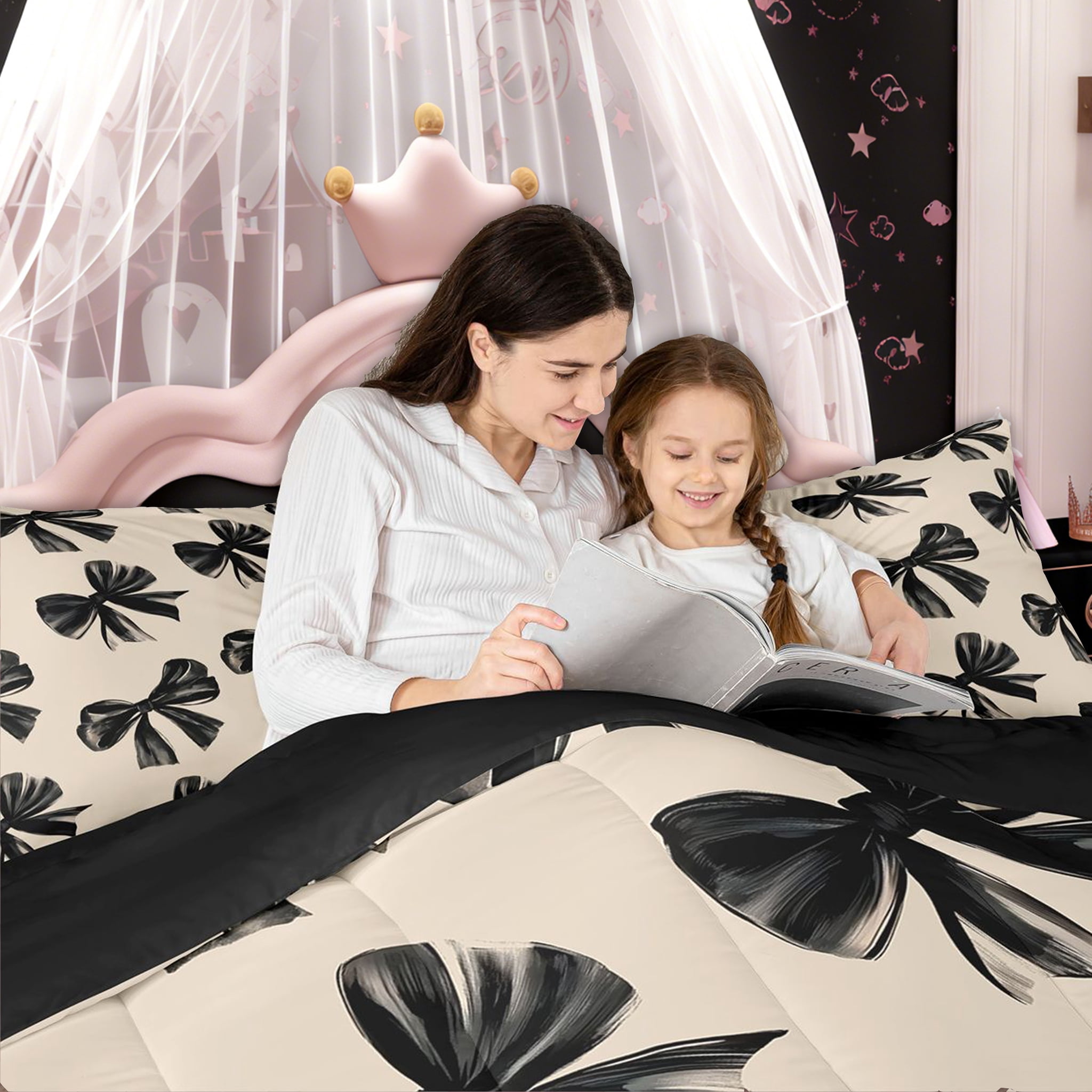 Erosebridal Bow Bedding Set Queen Black Bow Tie Bedding Comforter Sets Teen Adults Room Decor,Watercolor Bowknot Comforter Set Black White Simple Decor Bed Duvet Set