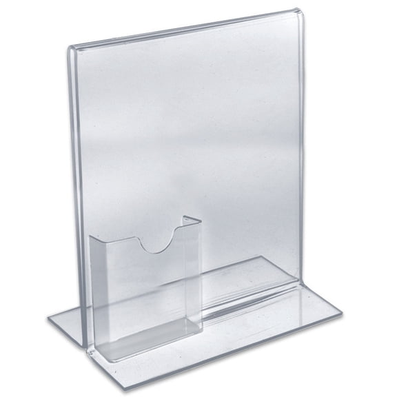 Clear Acrylic Double Sided T-Shape Sign Holder Frame with Attached Brochure Holder Pocket, Frame Size: 8.5"W x 11"H, 10-Pack