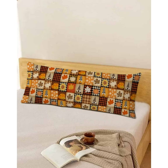 Thanksgiving Body Pillow Cover, Pillowcase Protectors with Zipper, Breathable Decorative Throw Pillow Case Cover, Fall Pumpkin Maple Leaf Turkey Plaid Gnomes Pillow Shams for Couch Sofa 20x54Inch