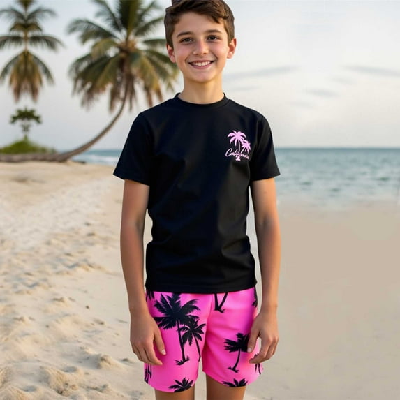 uikmnh Boys 2 Piece Swim Set Tree Design Short Sleeve Rash Guard & Board Shorts Size:7-8 Years