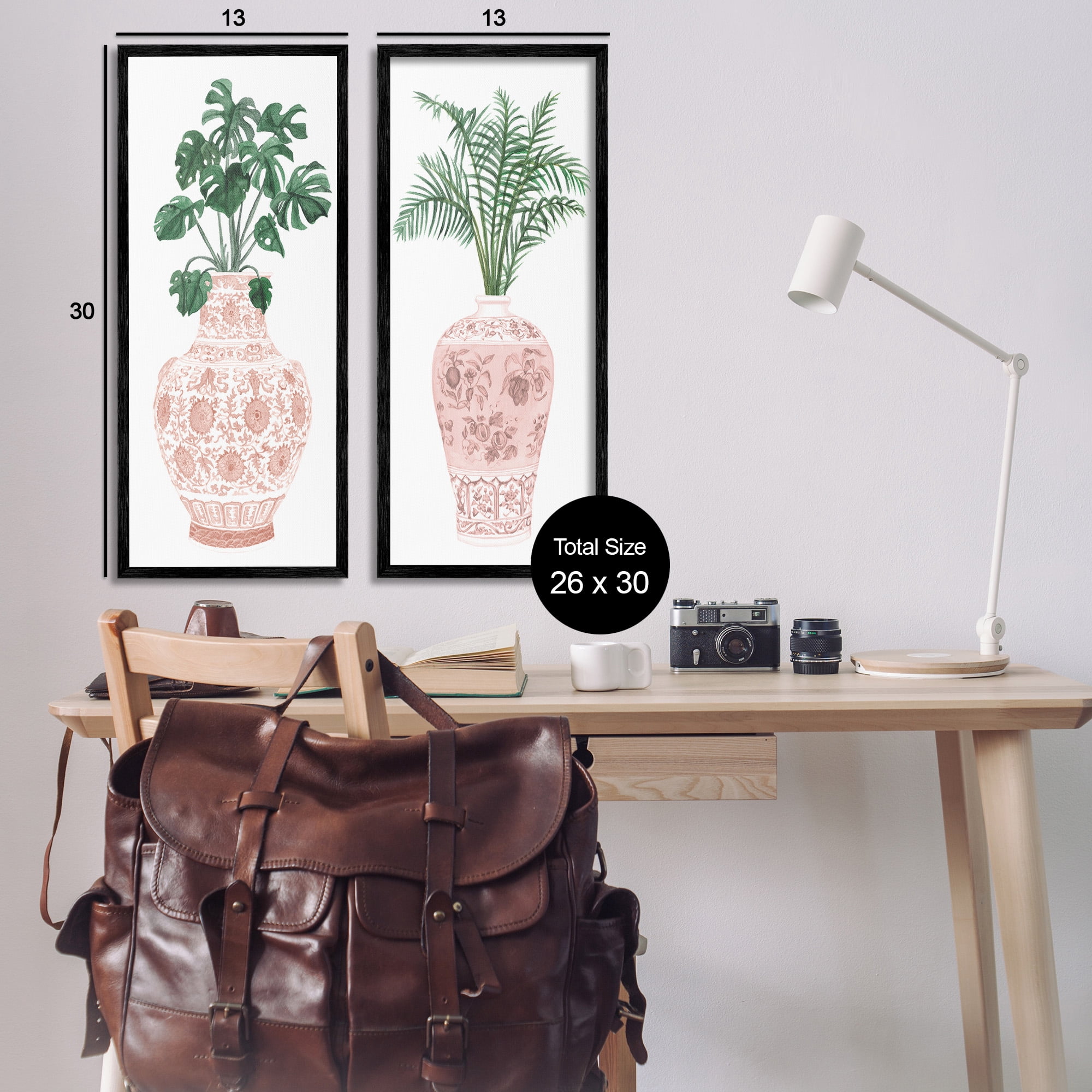 Stupell Industries Plants & Oriental Vases Botanical & Floral Painting Black Framed Art Print Wall Art, 13 x 30, Set of 2